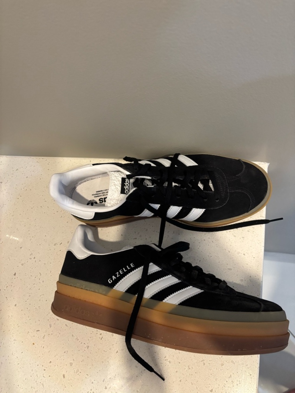 adidas Gazelle Black & White Suede Sneakers with Brown Gum Platform